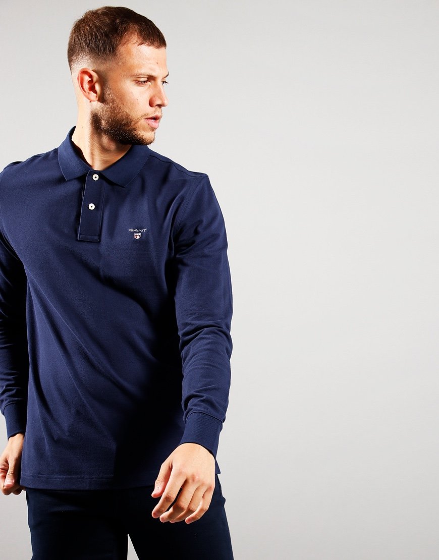 our GANT Long Sleeve Polo Shirt Evening Blue Online cut-price popmenswear.com